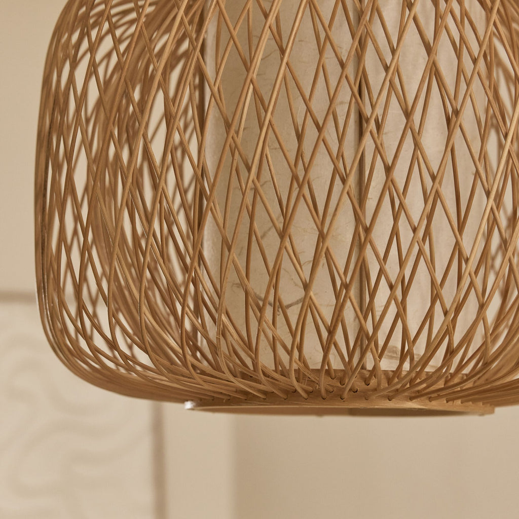Close-up of a woven rattan  tablelamp. 