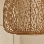 Close-up of a woven rattan  tablelamp. 