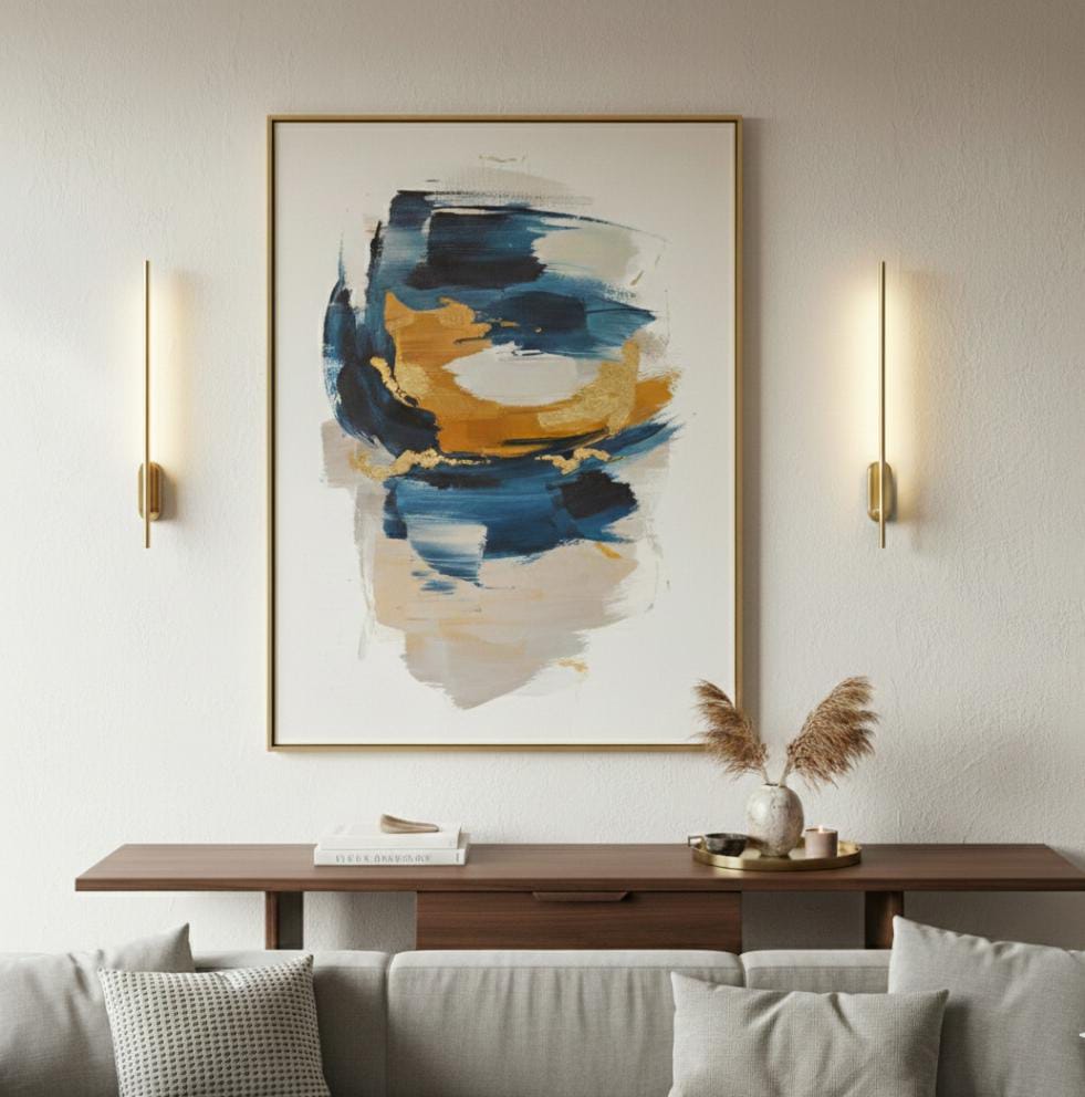 Modern living room with wall lights, abstract art, wall sconces, and a sofa.