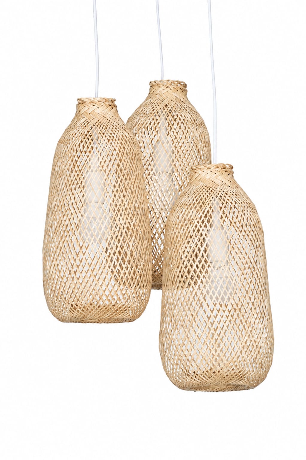 Three woven pendant lights on a white background