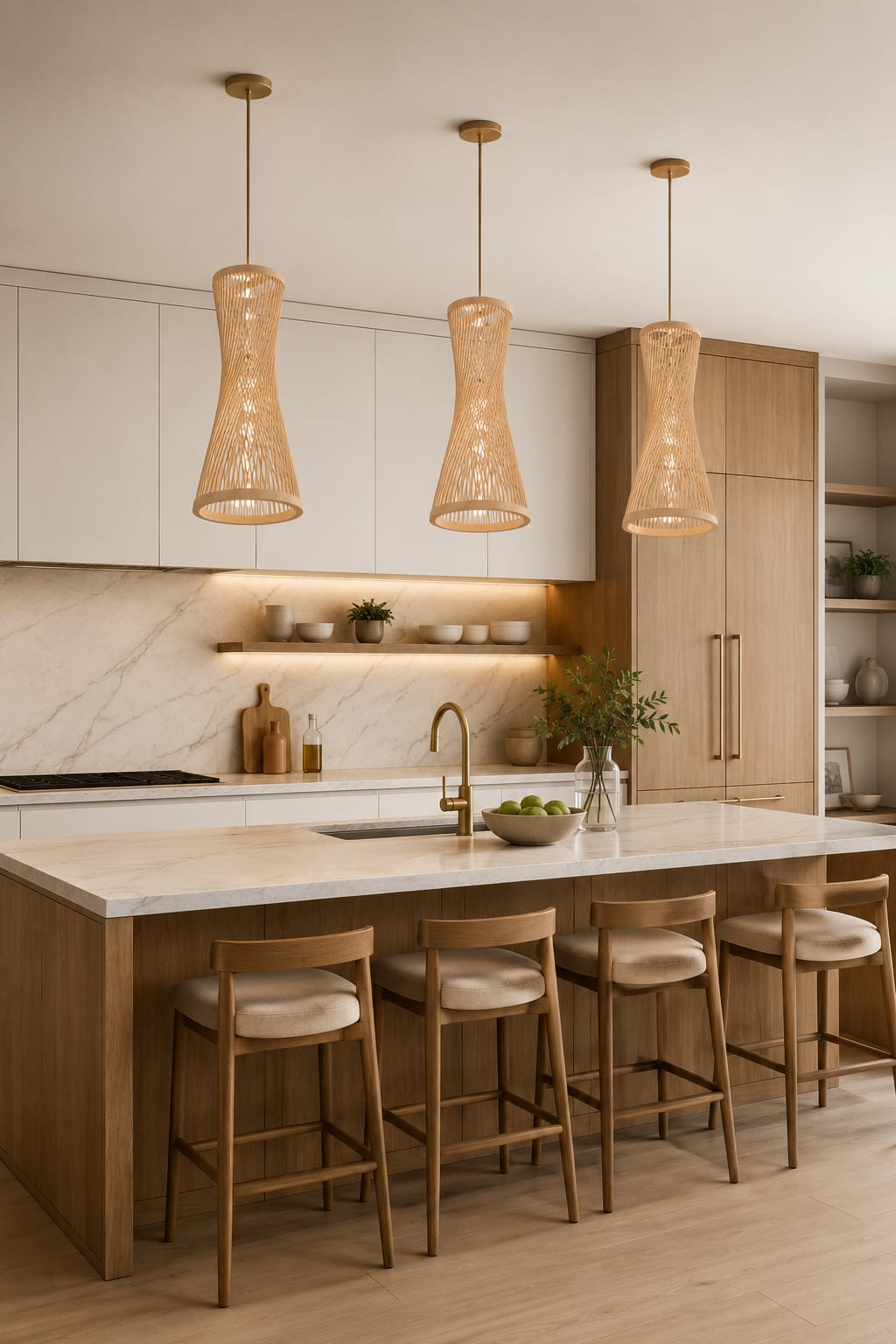Modern kitchen with woven bamboo pendant lights, island, and bar stools.